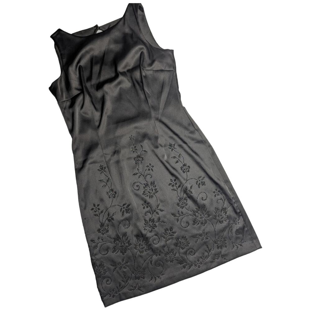 Vtg 1990s CDC Black Satin Floral Micro Beaded Sleeveless Mini Sheath Dress 10